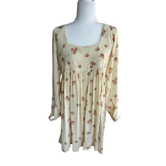 NWT Merritt Charles Butter Yellow Floral Long-Sleeve Babydoll Dress Sz Medium - Picture 1 of 8